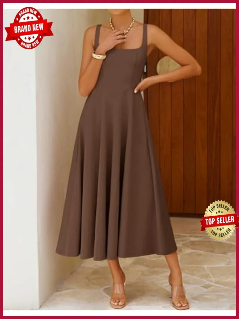 Womens Sleeveless Square Neck A-Line Midi Dress Lightweight Knit